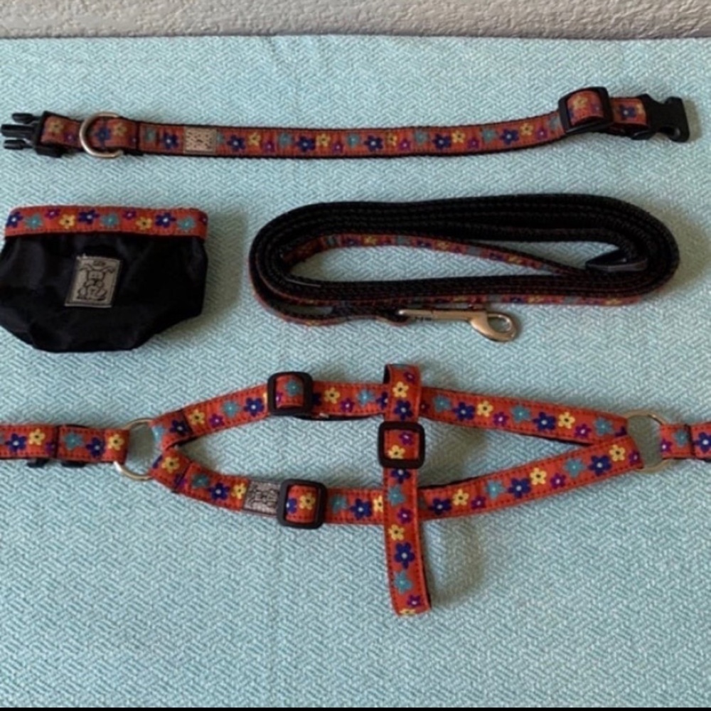 Red Floral 4pc Set: Harness, Leash, Treat Bag, & Collar for 10-15lb Dog